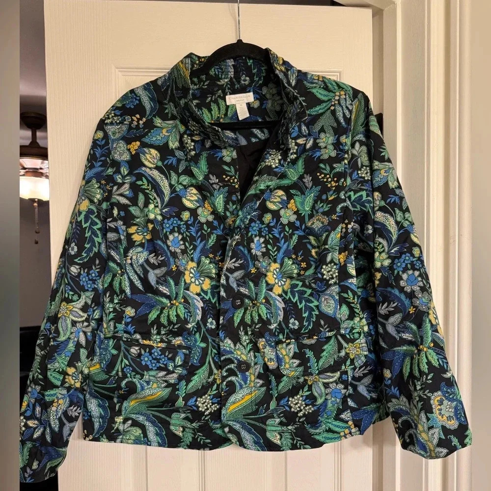 Charter Club Womens Jacket sz 1X Blue Green Floral Button Up 3/4 Sleeve Pockets